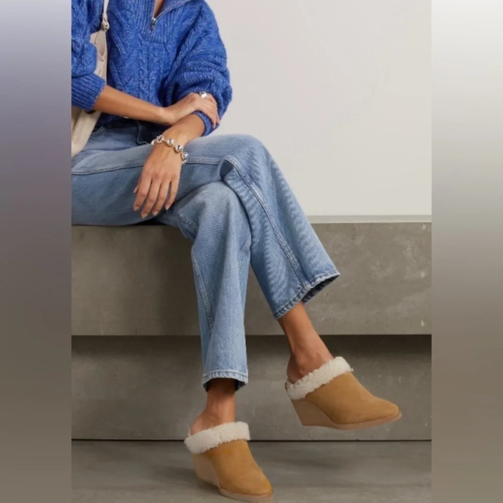 Isabel Marant's Tan Suede Leather Sherling 'Takita' Slip On Mule Wedges